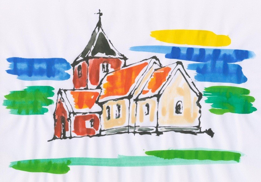 Vandfarvetegning af Skovby Kirke