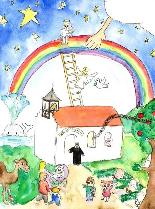 Tegning af kirke og regnbue